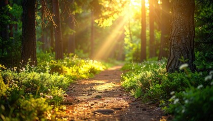 Fototapeta premium Sunbeams Pierce Through Forest Canopy Illuminating a Winding Dirt Path Lined with Lush Greenery and Wildflowers during Golden Hour