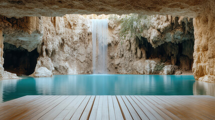 Serene cave with waterfall cascading into tranquil turquoise pool, surrounded by rocky