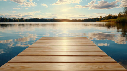 Fototapeta premium Serene wooden dock extends over tranquil lake, reflecting golden sunlight and fluffy clouds