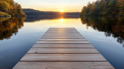 Fototapeta premium Sunset over calm lake with wooden dock reflecting golden light, creating serene atmosphere