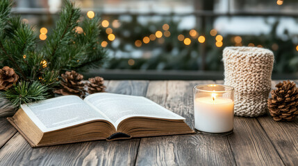 Peaceful scene featuring open book beside lit candle, surrounded by pine branches and pine cones