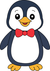 Cute cartoon baby penguin character with red bowtie, isolated vector illustration.