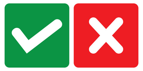  Green check mark and red cross mark icon set. Green tick and red x. Symbols of approval and Decline. Check box right and wrong buttons and yes or no checkmark icons in green tick box and red cross. 