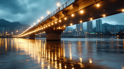 Serene bridge illuminated by warm lights reflects beautifully on calm water below