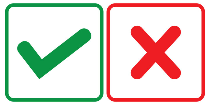  Green check mark and red cross mark icon set. Green tick and red x. Symbols of approval and Decline. Check box right and wrong buttons and yes or no checkmark icons in green tick box and red cross. 