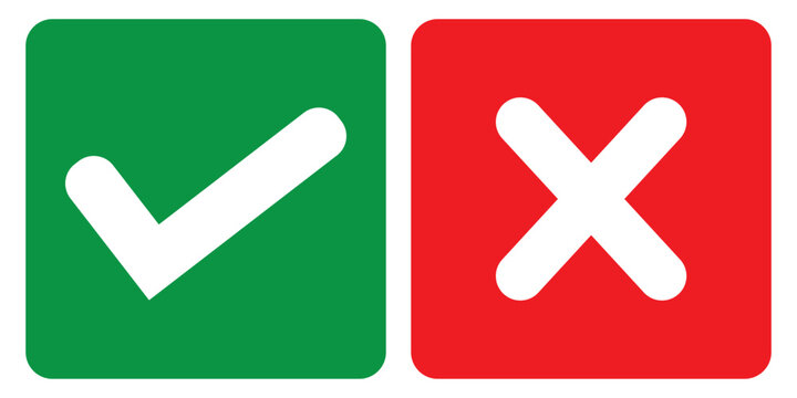  Green check mark and red cross mark icon set. Green tick and red x. Symbols of approval and Decline. Check box right and wrong buttons and yes or no checkmark icons in green tick box and red cross. 
