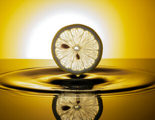 Thin lemon slice levitating above reflective water surface