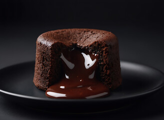 Chocolate lava cake with flowing melted chocolate on black plate