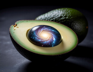 Avocado half with glowing galaxy swirl in seed cavity on dark background