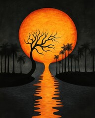 Dramatic Tropical Sunset with Glowing Orange Moon Reflected in Still Water Featuring Silhouetted Palm Trees and a Lone Tree with Bare Branches