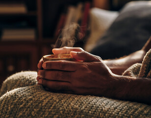 Warm hands holding a cup of hot drink in cozy home atmosphere
