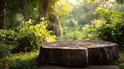 Fototapeta premium Rustic wood stump platform in a sun dappled forest with green vegetation backdrop
