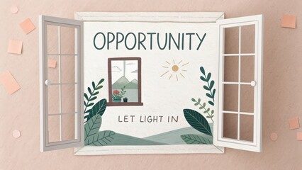 Inspirational Illustration of Open Windows with Motivational Quote Promoting Opportunity and Fresh Perspectives in Life