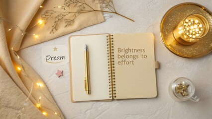 Inspirational flat lay composition featuring a notebook, pen, and decorative elements with uplifting quote about effort and brightness