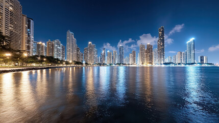 Obraz premium City skyline, night, tranquil water, illuminated buildings, urban landscape
