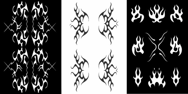 Collection of tribal flame tattoo designs and abstract fire elements in black and white