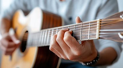 Obraz premium Close up of fingers pressing guitar strings, creating peaceful melody