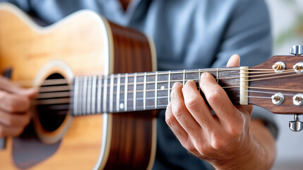 Obraz premium Close up of fingers pressing guitar strings, creating peaceful melody