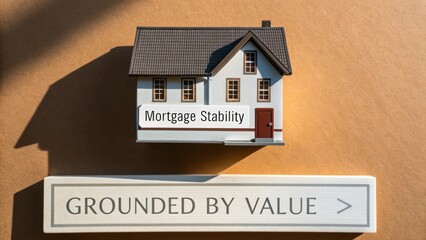 Model house symbolizing mortgage stability with foreground text highlighting grounded by value on a brown backdrop.