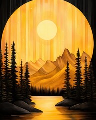 Peaceful Golden Pixel Art Landscape with Mountains Lake and Forest at Sunset
