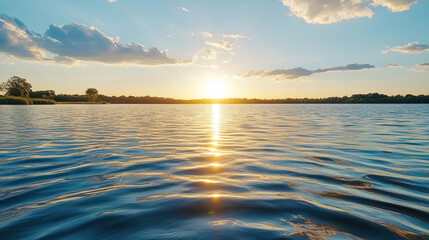 Sunset over tranquil lake with rippling water and clouds reflecting in sky