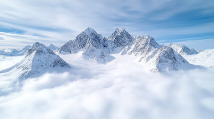 Obraz premium Majestic snowy mountain peaks rise above sea of clouds, creating tranquil and serene landscape