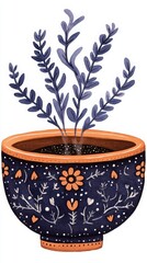 Illustration of Potted Plant with Lavender Leaves in Blue Pot with Orange Details and Flower Motif Isolated on White