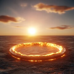 Fiery Ring Glowing at Sunset Over Ocean Reflecting Sunlight Creating Warm Dramatic Scene Under Cloudy Sky