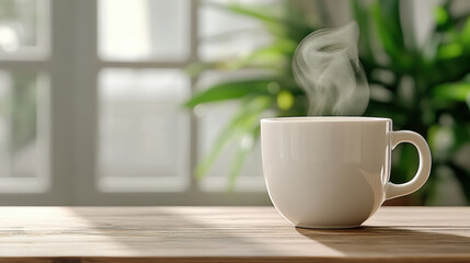 Obraz premium Steaming coffee cup wooden table with sunlight and greenery background creates peaceful