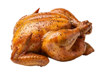 Appetizing Golden Roasted Chicken with Crispy Skin and Black Pepper Seasoning, prepared for a festive dinner or holiday meal, isolated on transparent background.