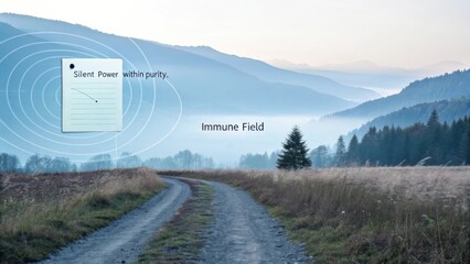 Scenic Outdoor Landscape with Misty Mountains and Tranquil Road Emphasizing Peace and Natural Serenity in Soft Lighting