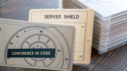 Security card design with server shield and confidence in code, ensuring data protection and safety for digital assets