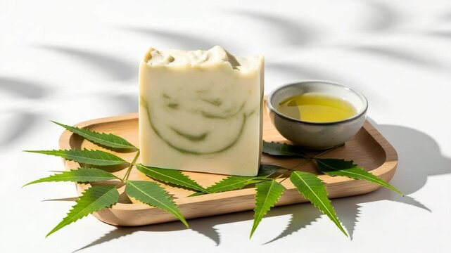Handmade neem soap bar with neem oil isolated on white background