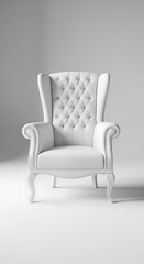 Classical Victorian-style white armchair with a deep tufted back and curved ornamental feet, digitally rendered and isolated.
