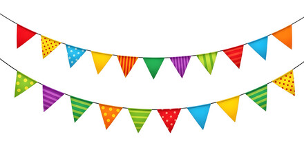 Obraz premium Colorful Bunting Flags on Transparent Background, Two Strands of Triangular Party Flags Illustration, Festive Banner Garland Digital Mockup, Bright Celebration Pennant Strings Design, Decorative Multi