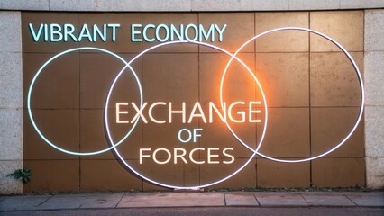 Vibrant Economy with Modern Neon Lights Showcasing Exchange of Forces in Urban Setting for Contemporary Art Photography