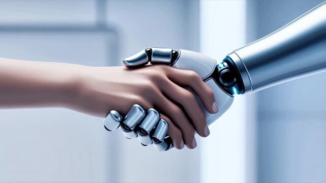 Human and robot handshake symbolizing collaboration and unity between technology and humanity in a futuristic environment filled with innovation
