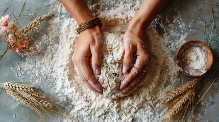 Fototapeta premium hands kneading dough on a floured surface representing homemade baking, tradition, and the calm of slow living