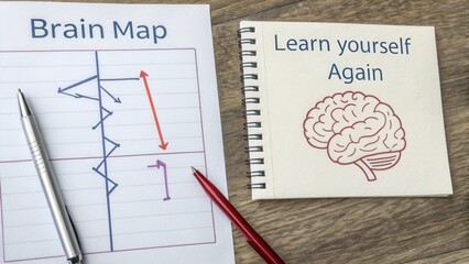 Visual Representation of Brain Mapping Concepts with Themed Notebook and Pens on Wooden Surface for Educational Purposes