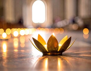 Candle in lotus holder, lined by lights, soft focus