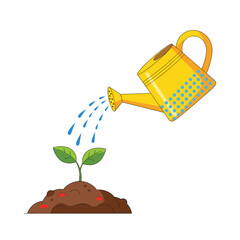 Obraz premium A bright yellow watering can provides water to a small green seedling growing in a mound of rich brown soil, symbolizing new life and growth.