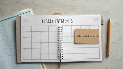 Yearly payments planner with an inspirational note and a pen on a wooden desk for effective financial management
