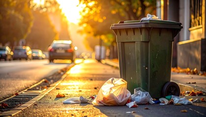 A sunny street scene with a green trash bin and overflowing refuse