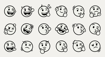 A collection of twenty hand-drawn emoji faces with various expressions, all in black and white line art.