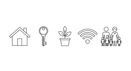 Fototapeta premium Line art icons representing home, key, plant, wifi, and family.