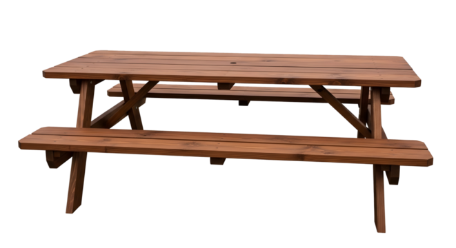 Brown Wooden Picnic Table with Bench on Transparent Background, Rustic Outdoor Table and Bench Set Illustration, Rectangular Wood Picnic Furniture Cutout, Dark Brown Plank Table and Bench Mockup, Isol