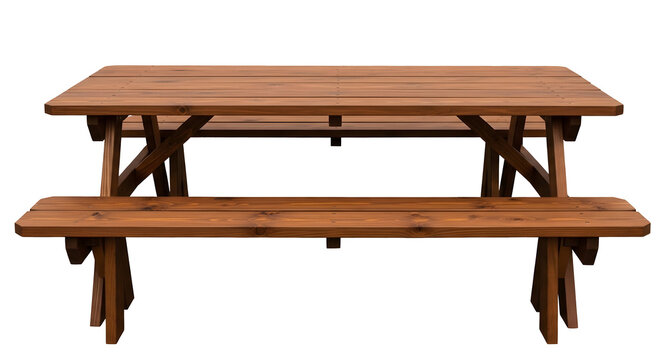 Brown Wooden Picnic Table with Bench on Transparent Background, Rustic Outdoor Table and Bench Set Illustration, Rectangular Wood Picnic Furniture Cutout, Dark Brown Plank Table and Bench Mockup, Isol