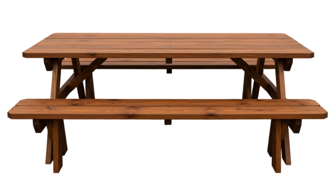 Brown Wooden Picnic Table with Bench on Transparent Background, Rustic Outdoor Table and Bench Set Illustration, Rectangular Wood Picnic Furniture Cutout, Dark Brown Plank Table and Bench Mockup, Isol