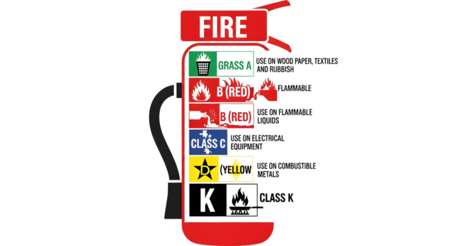 Fire Extinguisher with Fire Class Guide on Transparent Background, Red Fire Extinguisher Safety Illustration, ABCDK Fire Classes Instruction Graphic, Fire Safety Extinguisher Diagram Cutout, Flat Desi