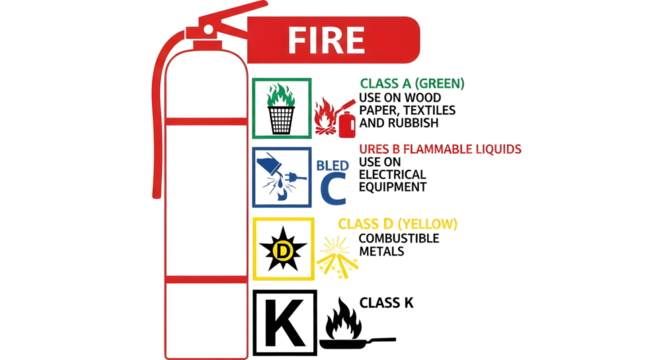 Fire Extinguisher with Fire Class Guide on Transparent Background, Red Fire Extinguisher Safety Illustration, ABCDK Fire Classes Instruction Graphic, Fire Safety Extinguisher Diagram Cutout, Flat Desi